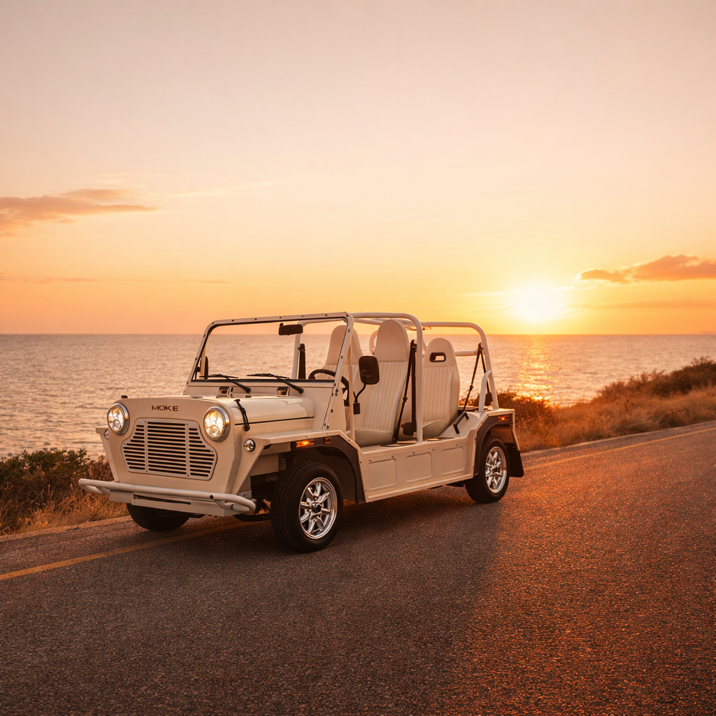 4-seater electric convertible Mini Moke by the seaside