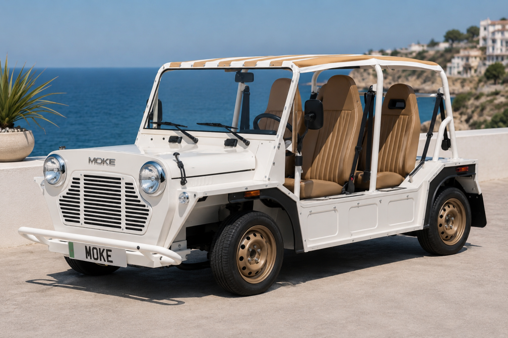 Moke électrique décapotable blanche sur route côtière - SUNCAR France