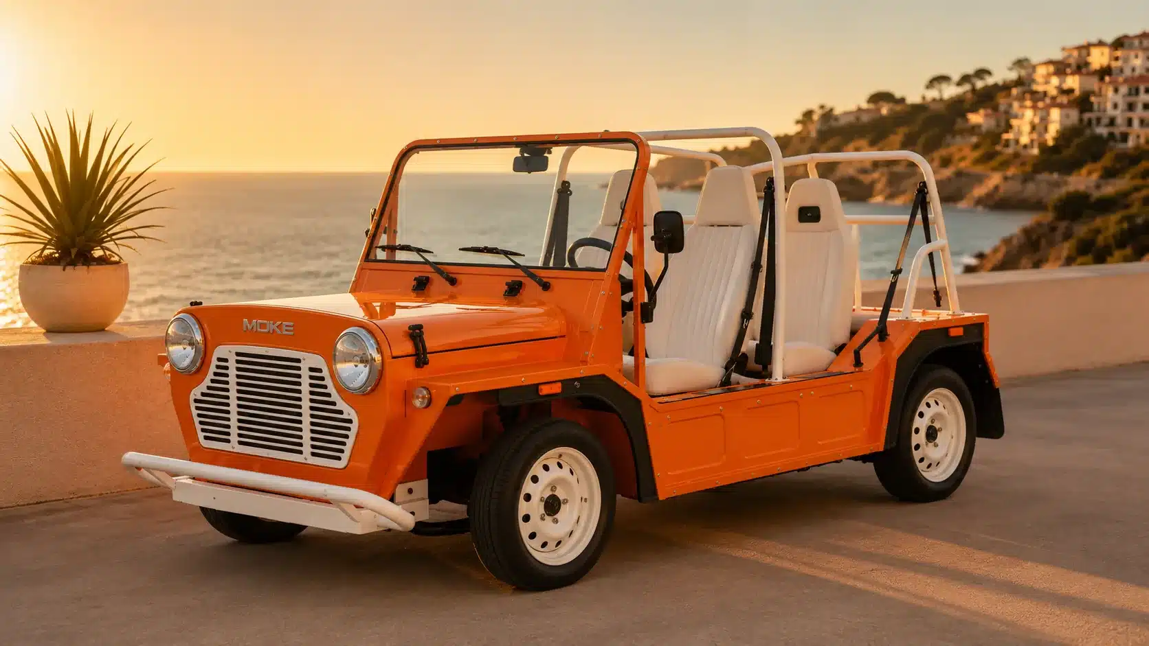 Moke électrique décapotable orange au coucher de soleil