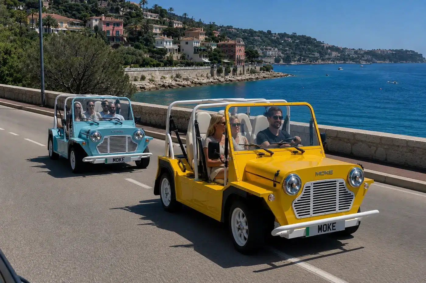 Convoi de deux Moke électriques, jaune et bleue, longeant la mer sur la Côte d'Azur