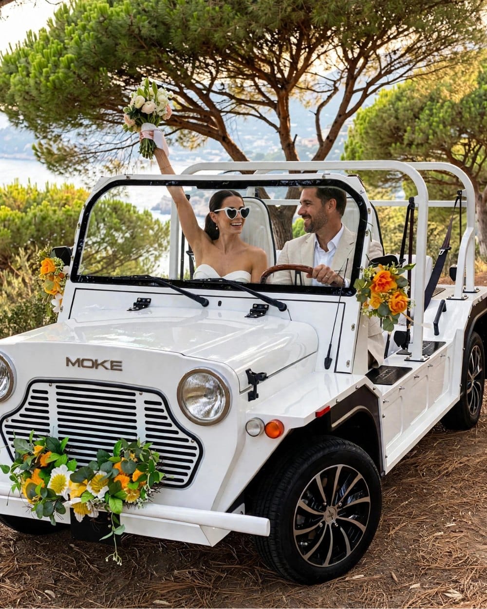 Et brudepar i en hvid, elektrisk Moke pyntet med blomster, med parasolpine og havet i baggrunden
