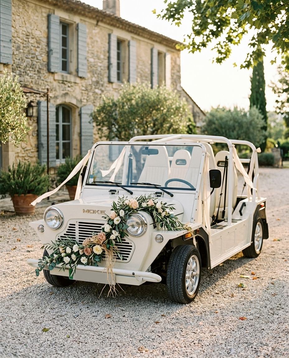 Wedding car hire in Nice: a white electric Moke decorated with flowers and ribbons in front of a Provençal farmhouse